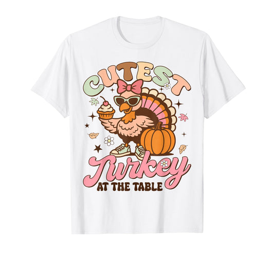 Cutest Turkey at Table Thanksgiving Girl Kids Toddler Groovy T-Shirt