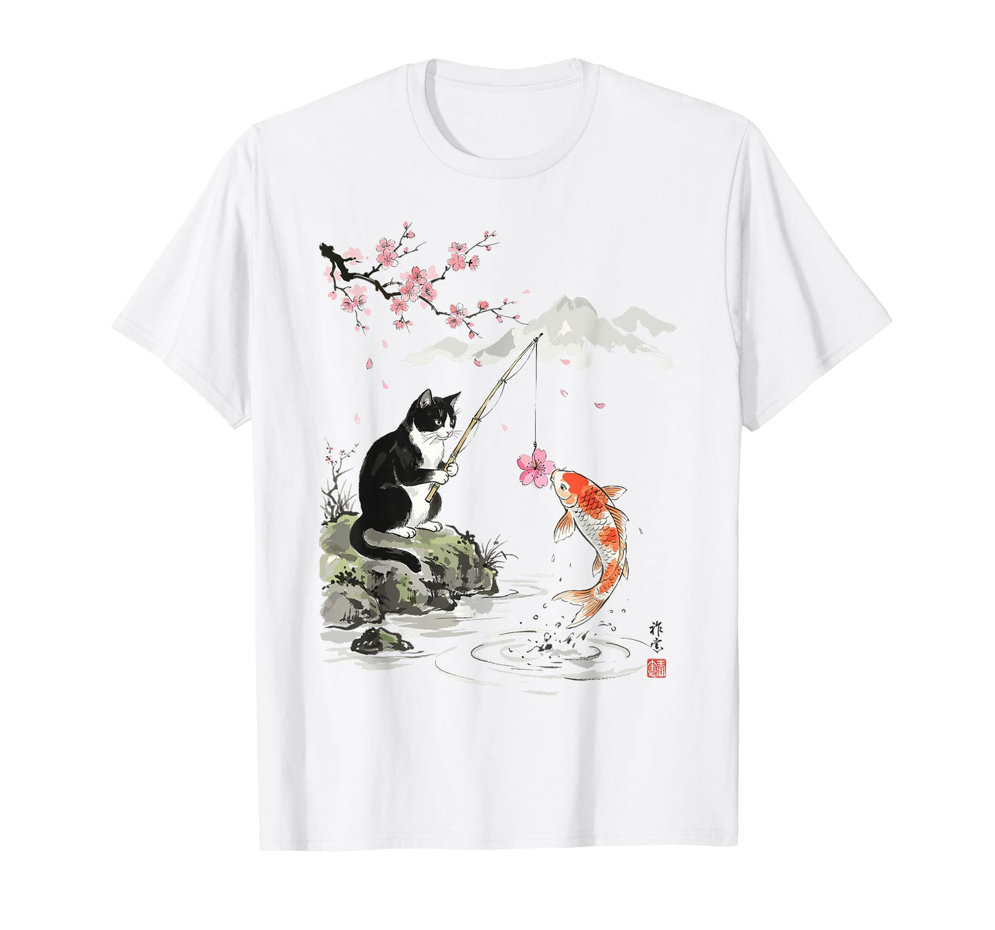 Japanese Cherry Blossom Cat Koi Fishing Funny T-Shirt