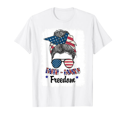 Women Faith Family Freedom Patriotic Christian Mom USA Flag T-Shirt