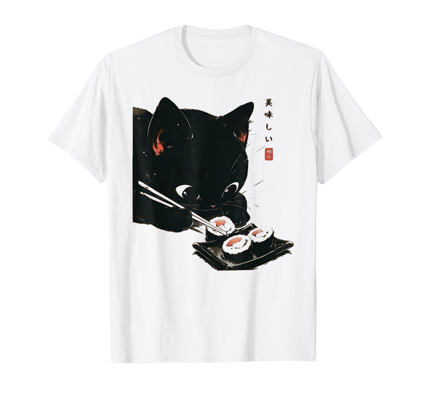 Black Cat Eating Sushi - Cat Japanese Art T-Shirt for Men Women