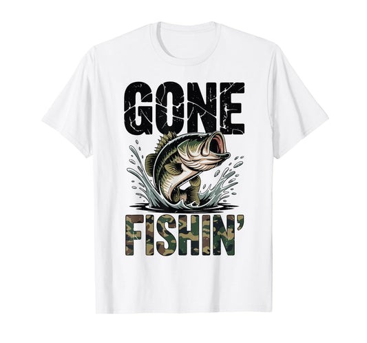 Fishing Camo Bass Fish Gone Fishing Men Youth Funny Dad Joke T-Shirt