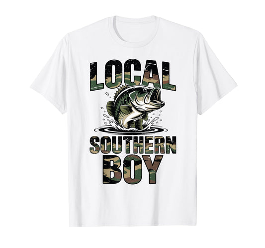 Local Southern Boy Fishing Camo Bass Fish Youth Men Dad Joke T-Shirt