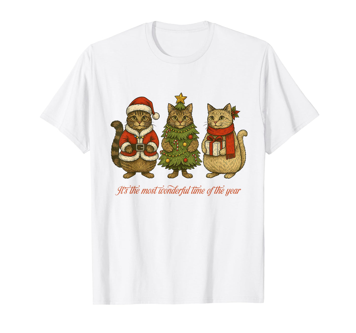 3 Cats Cute Christmas Tree Kittens Santa Hat T-Shirt