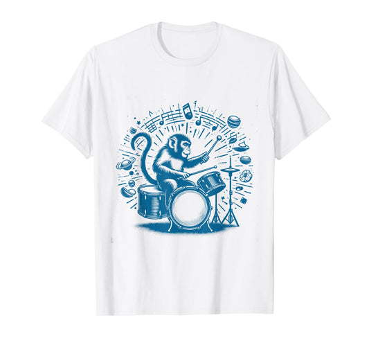 Monkey Playing Drums Retro Cool Drumming Monkey Drummer T-Shirt, Small, Grey
