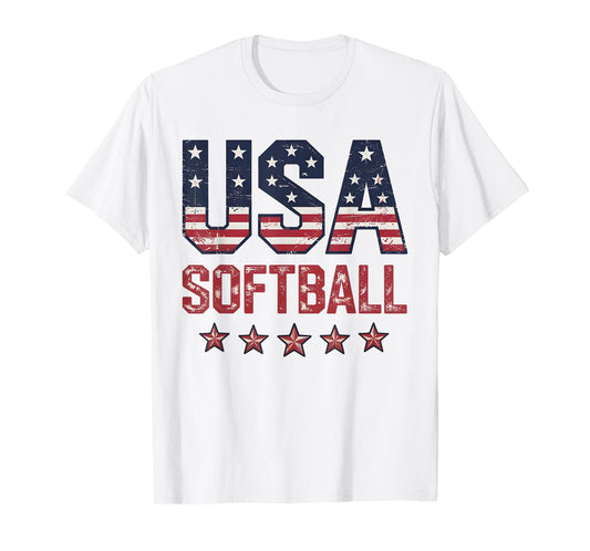 Softball USA American Flag Women Men Patriotic Softball Fan T-Shirt