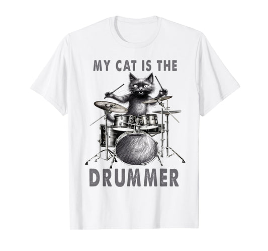 Funny Drummer Black Cat Playing Drums Kitty On Drums Music T-Shirt for Men Women Kids