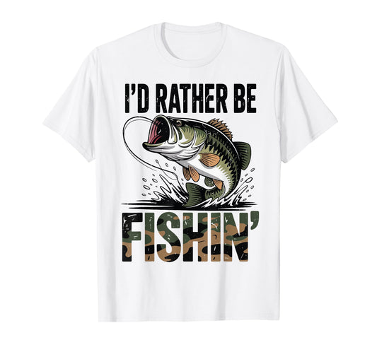 Youth Men Id Rather Be Fishing Camo Bass Fish Dad Joke Funny T-Shirt