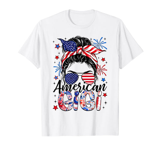 Gigi 4th of July American Flag Patriotic Messy Bun T-Shirt