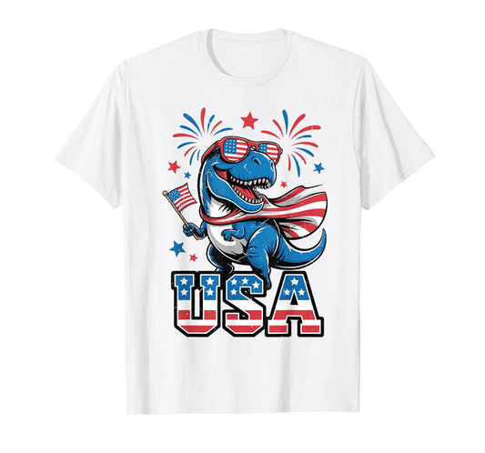 USA 4th July Toddler Boy Dinosaur Dino American Flag Patriot T-Shirt