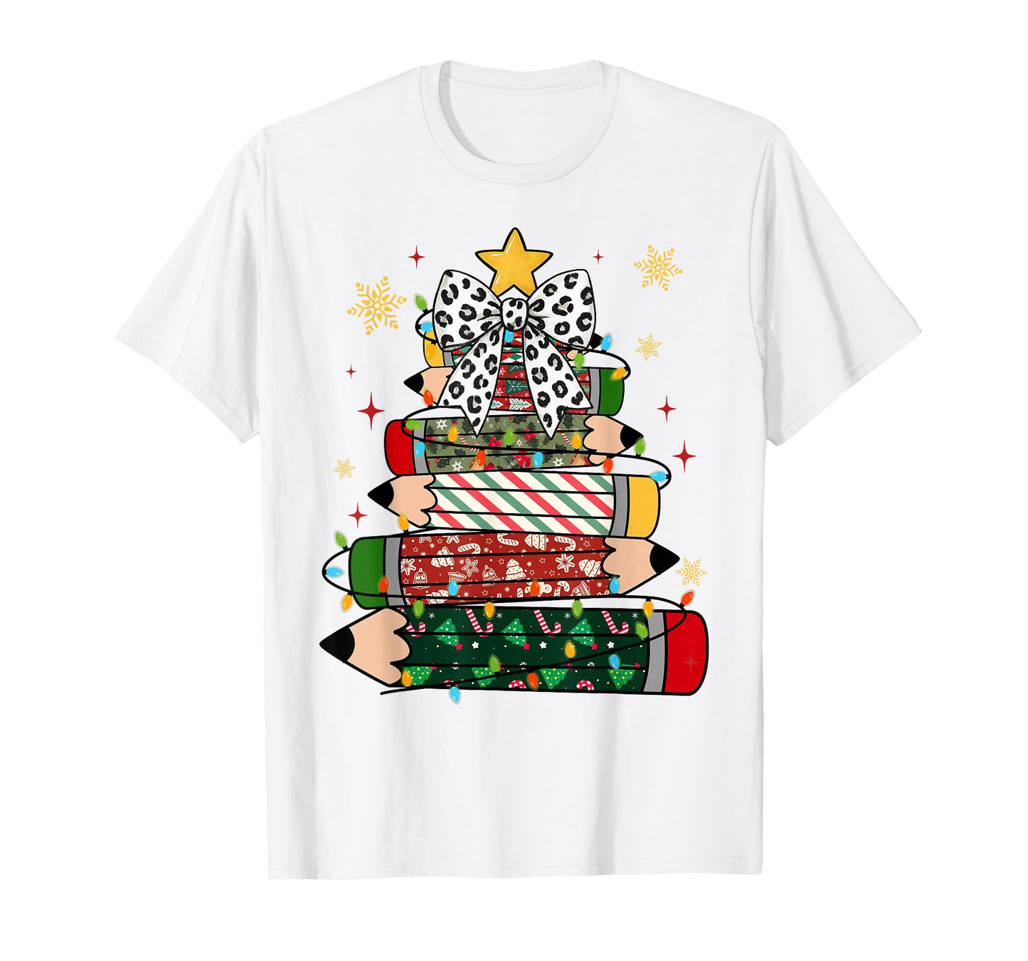 Teacher Christmas Tree Lights Pencil Leopard Print Cute Bow T-Shirt