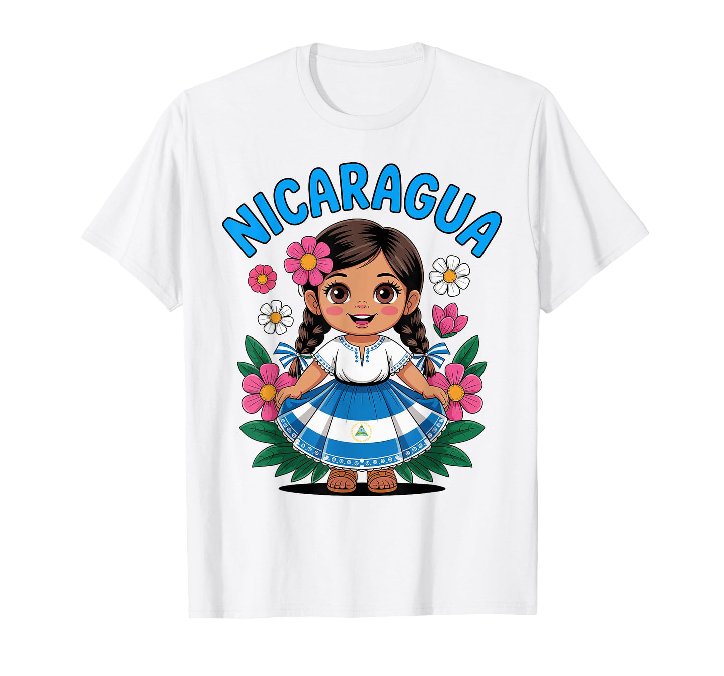 Cute Nicaragua Girl Traditional Dress with Flag Art for Kids T-Shirt