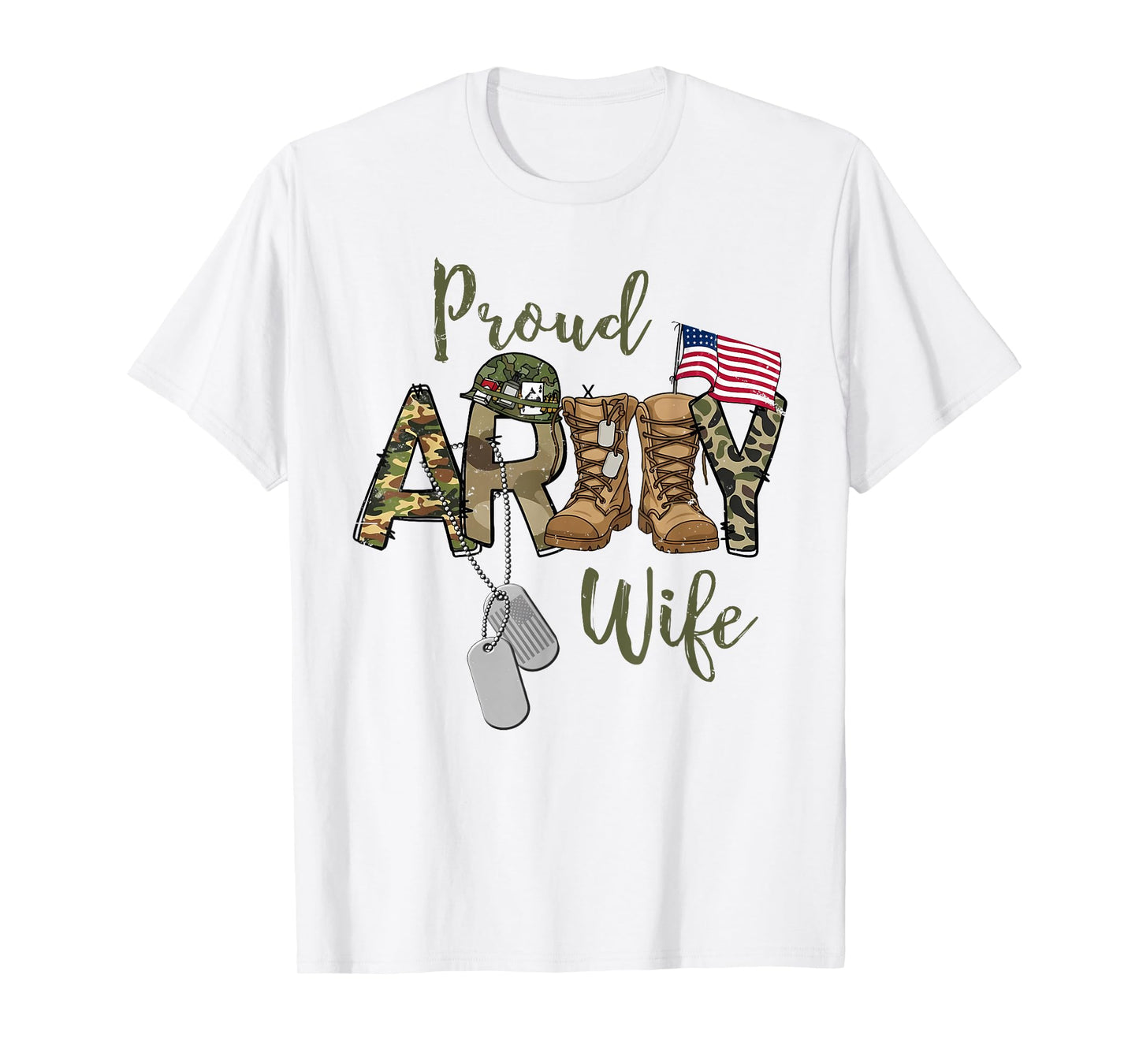 Proud Army Wife Military Wife with Dog Tag US Flag T-Shirt