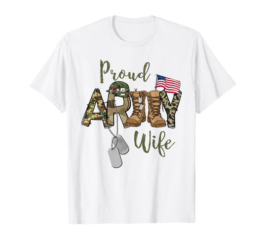 Proud Army Wife Military Wife with Dog Tag US Flag T-Shirt