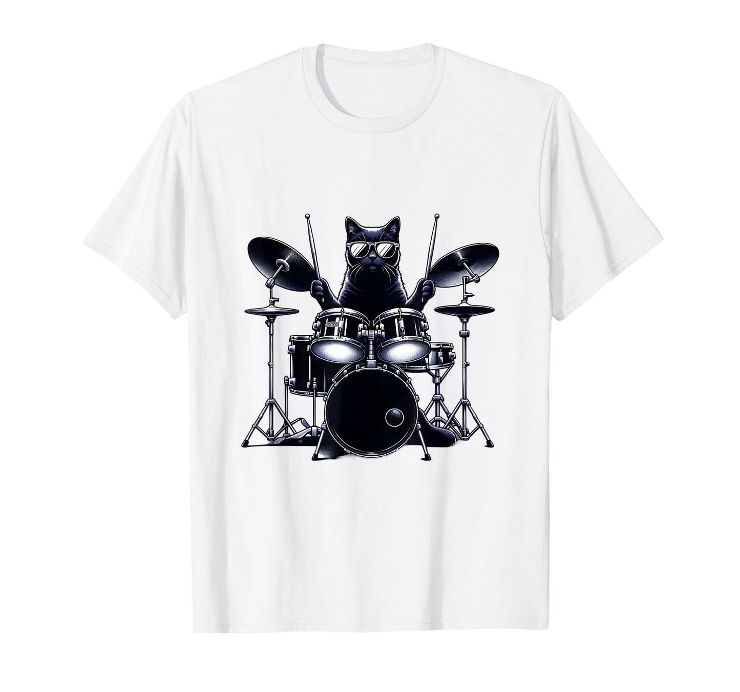 Percussion Cat Playing Drums T-Shirt, Unisex-Adults/Kids, Grey, Short Sleeve, Cat, Drumming, Graphic, Music, Novelty, Classic Fit, Cotton Blend, Machine Wash, Size: Small