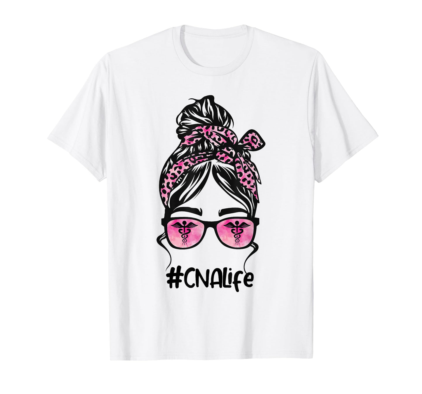 CNA Nurse Life Bleached Pink Leopard Messy Bun T-Shirt