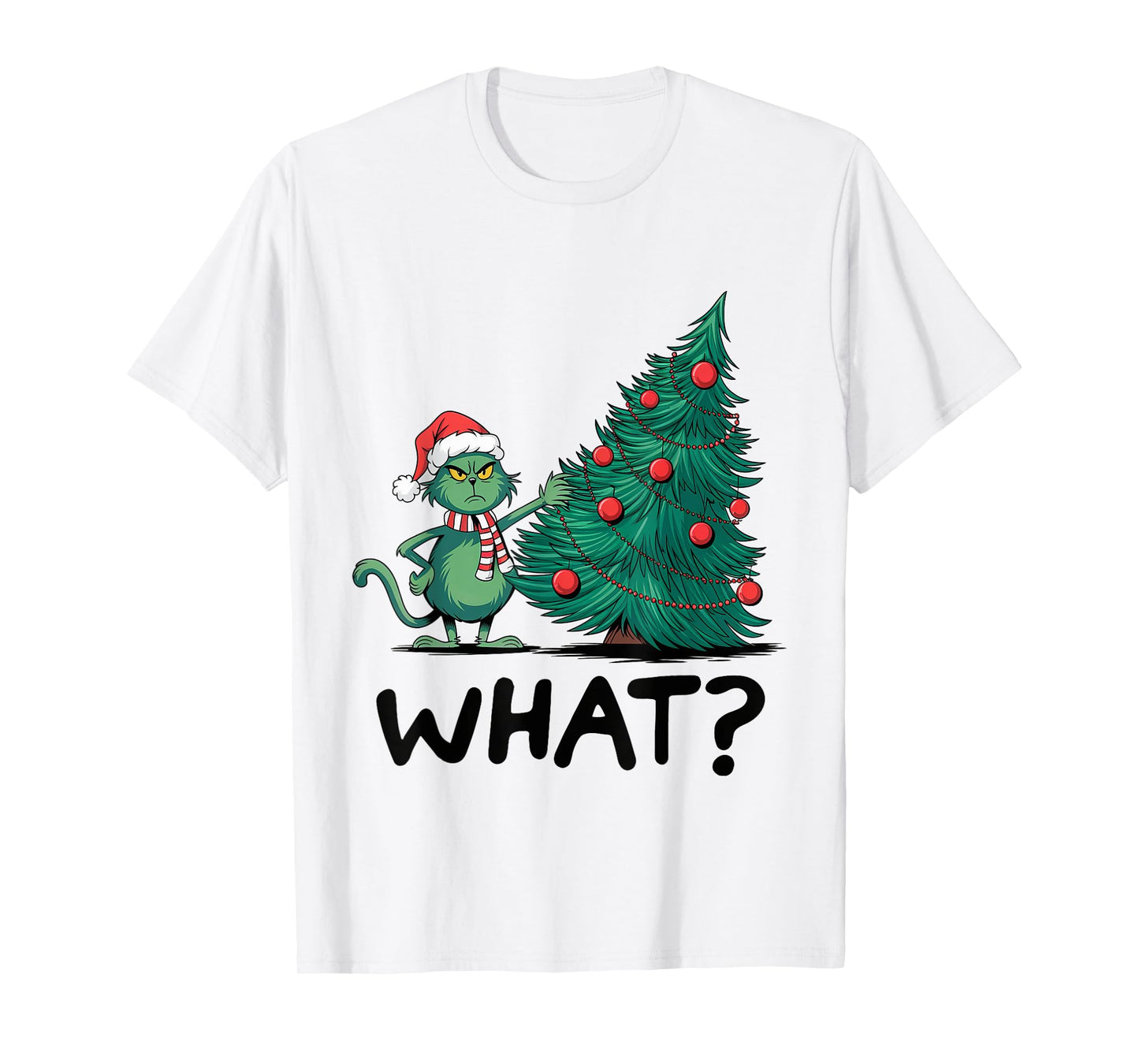 Cat What Funny Green Cat Pushing Christmas Tree Ugly Xmas T-Shirt for Men Women Kids