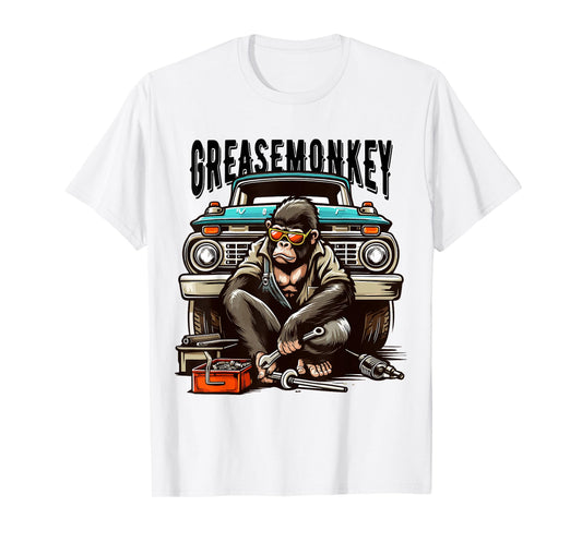 Cool Grease Monkey with Sunglasses Working on Vintage Truck T-Shirt