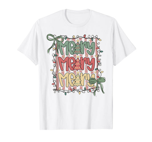 Coquette Bow Merry Christmas Tree Xmas Lights Girl Women T-Shirt