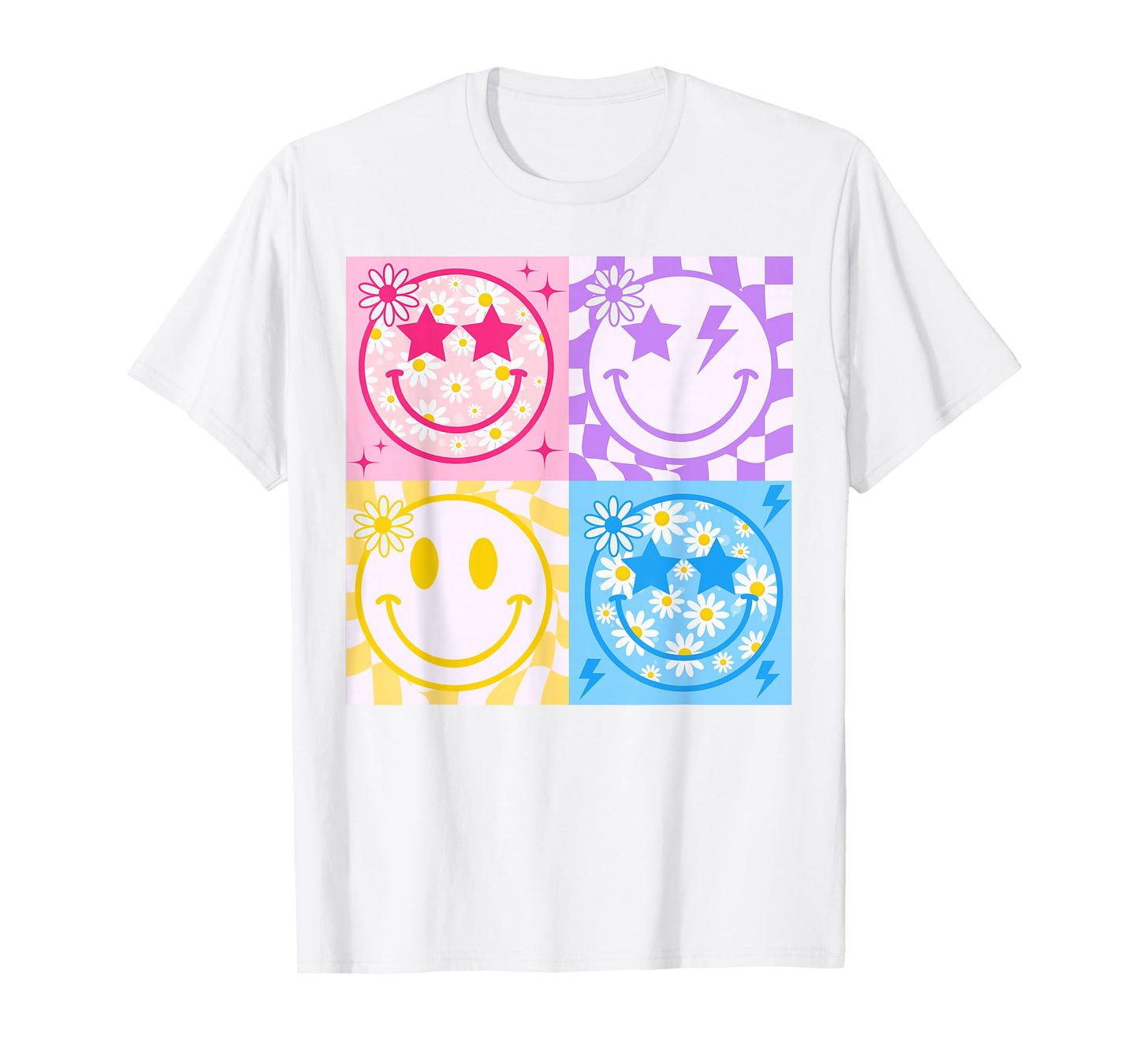 Happy Face Smile Checkered Pattern Retro Vibes Trendy Funny T-Shirt
