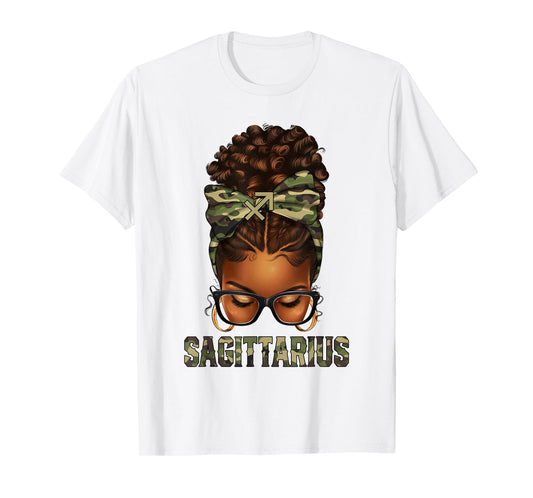 Afro Black Woman Messy Bun Camo Zodiac Sagittarius Queen T-Shirt