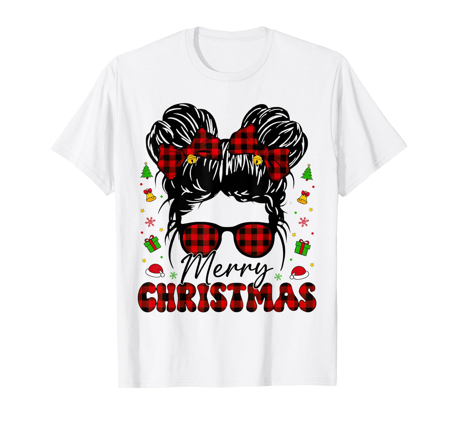 Merry Christmas Buffalo Plaid Messy Bun Girl Xmas Pajamas T-Shirt