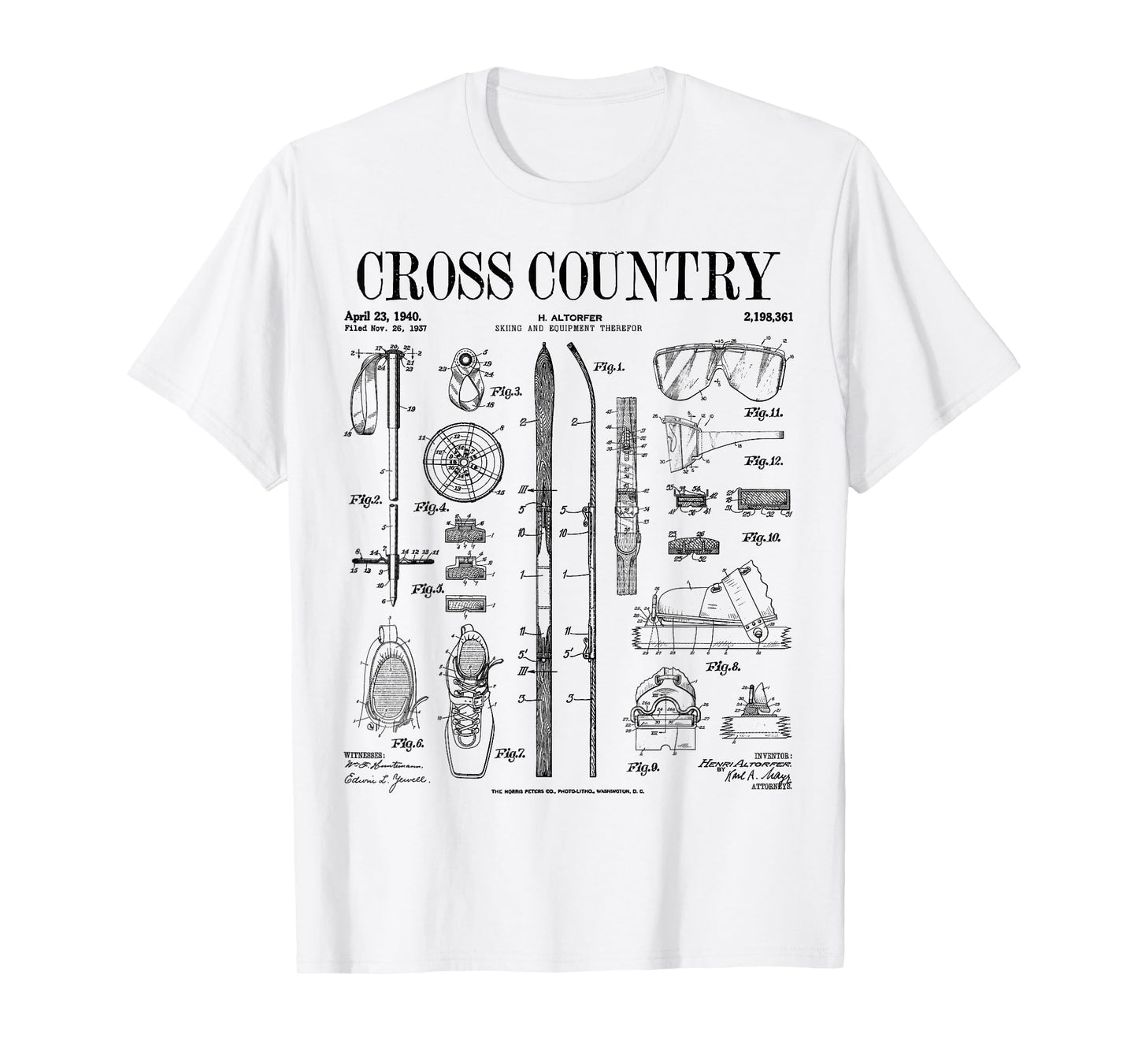 Cross Country Nordic Skiing Ski Vintage Patent Skier Print T-Shirt