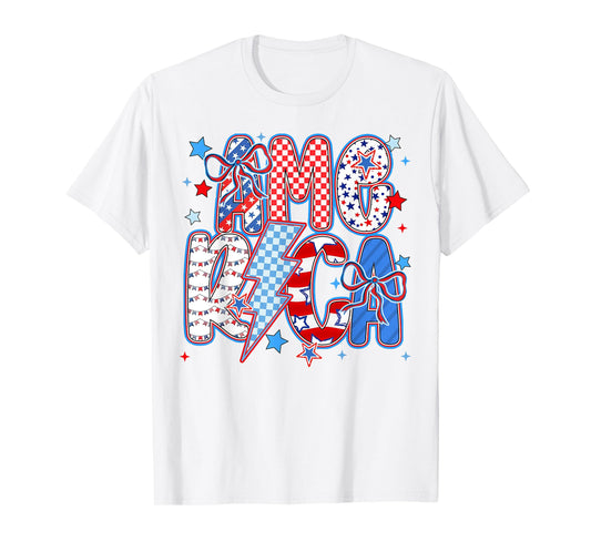 Retro America Flag Coquette 4th of July Checkered Patriotic T-Shirt
