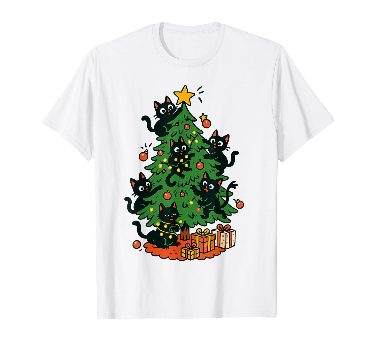 Christmas Black Cats Climbing Tree Funny Holiday Lights T-Shirt