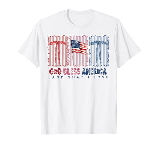 God Bless America Land That I Love Coquette Bow USA Flag T-Shirt