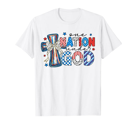 One Nation Under God USA Flag Cross Floral Christian Women T-Shirt