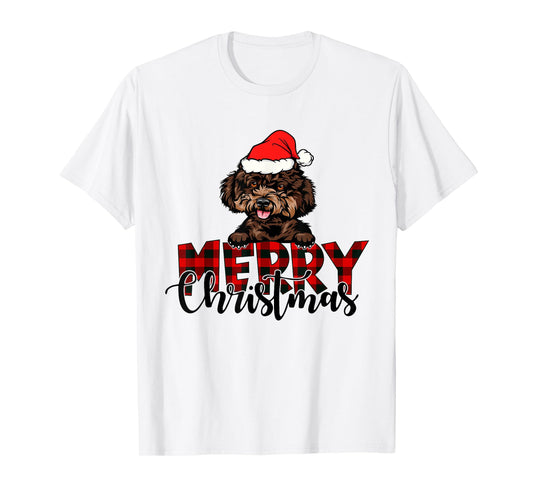 Merry Christmas Poodle Dog Christmas Red Plaid Santa Hat T-Shirt