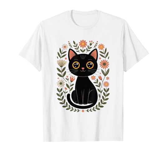Cute Black Cat Floral Botanical Flowers Kitten Love T-Shirt