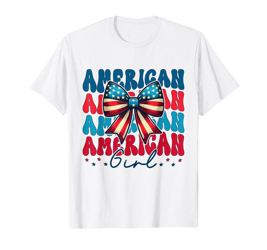 Patriotic American Girl 4th of July Coquette Bow USA Flag T-Shirt