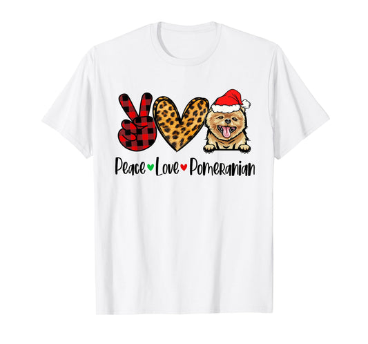 Peace Love Pomeranian Christmas Tree Lights Dog Lover Xmas T-Shirt