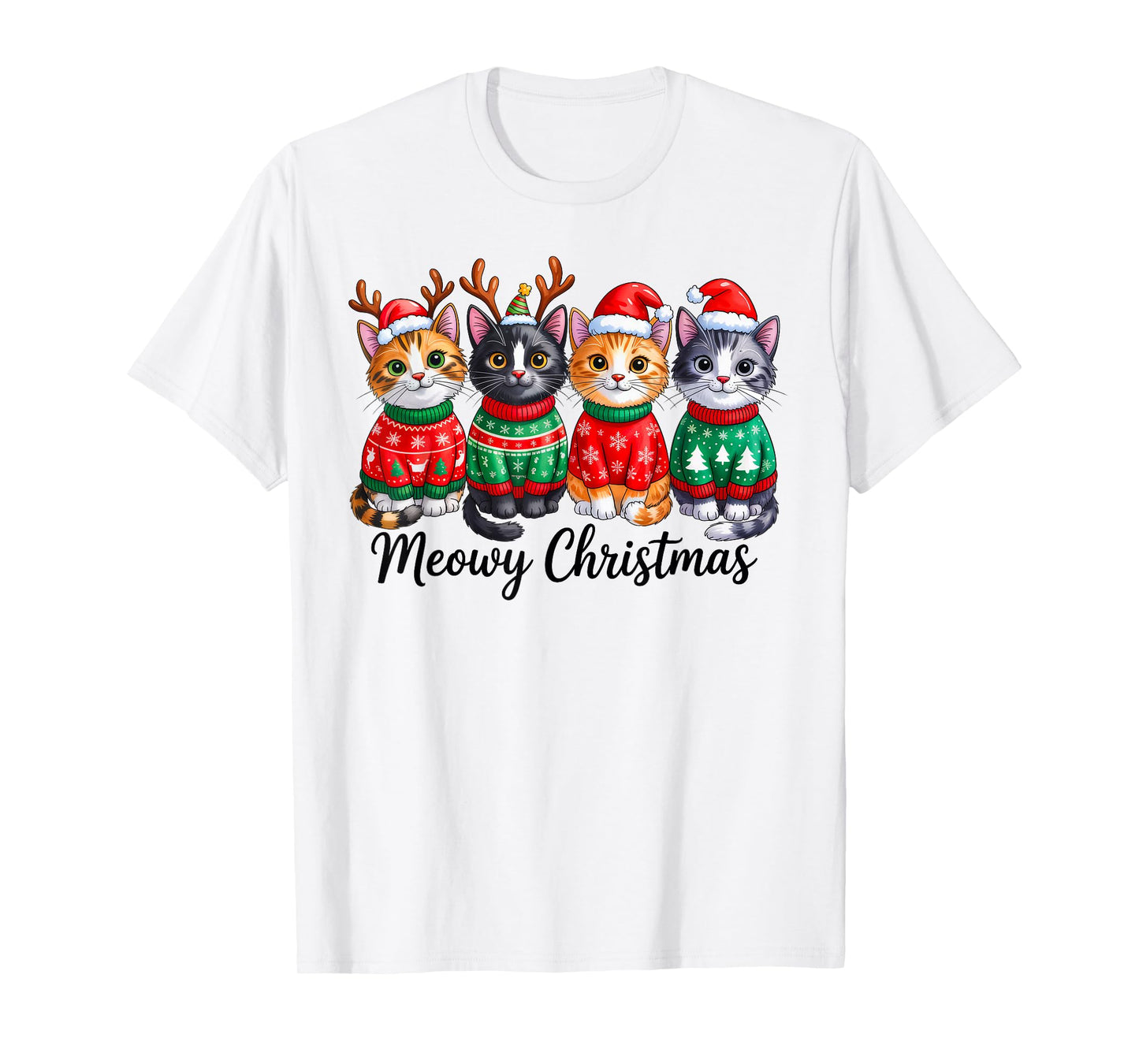 Meowy Christmas Cat Santa Reindeer Xmas Pajamas Cat Lover T-Shirt