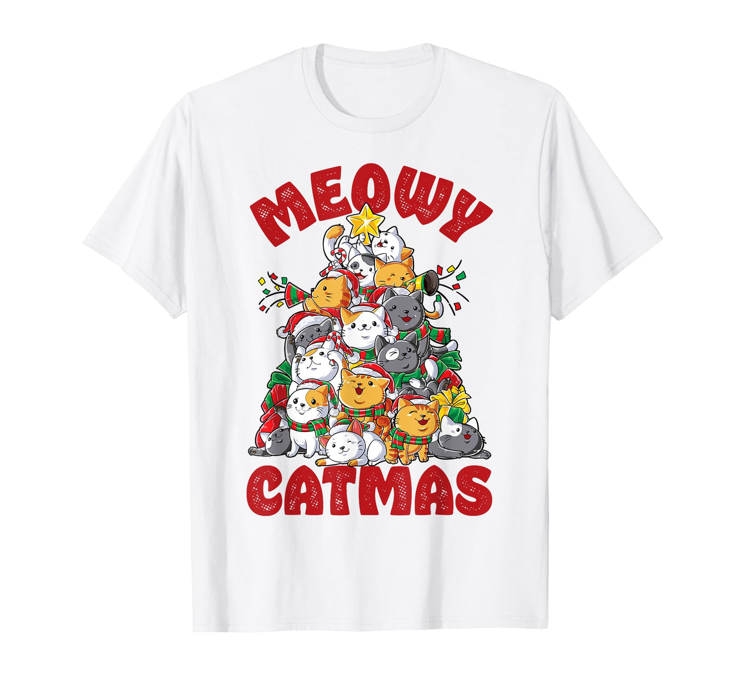 Meowy Catmas Cat Christmas Tree Xmas Girls Boys Funny Santa T-Shirt