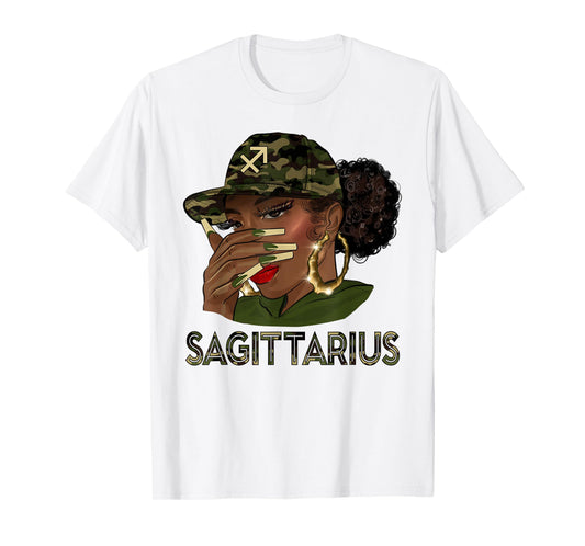 Sagittarius Queen Black Girl With Cap Camo Afro Woman Zodiac T-Shirt