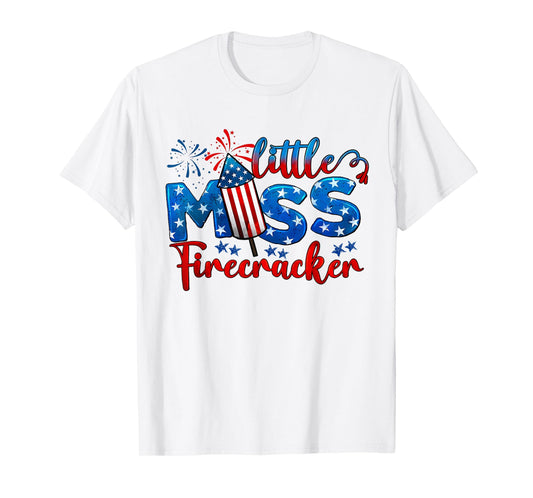 Little Miss Firecracker 4th of July American Flag Girls Kids T-Shirt