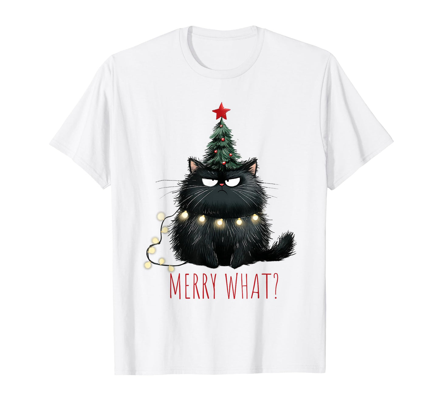 Merry What? Black Cat Funny Christmas T-Shirt