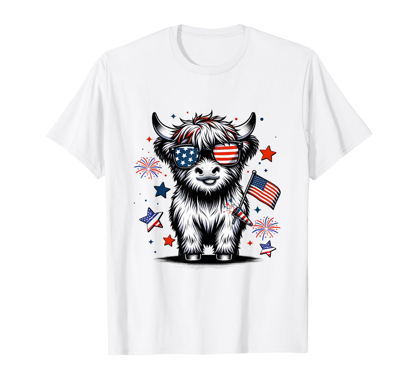 Cute Highland Cow 4th of July USA Flag Patriotic Cow Farmer T-Shirt