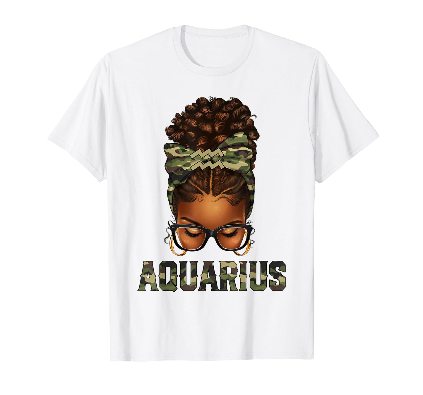 Afro Black Woman Messy Bun Camo Zodiac Aquarius Queen T-Shirt