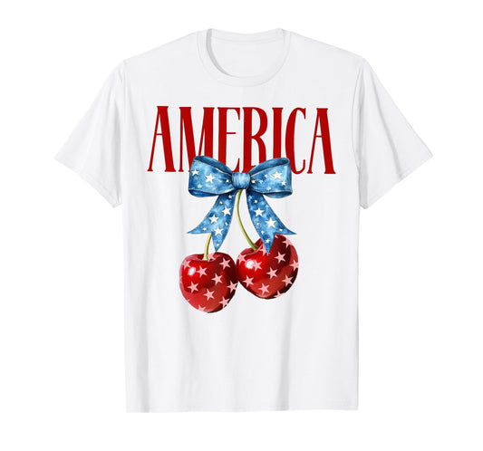 America Cherry Bow USA Flag Women Girl Patriotic 4th of July T-Shirt