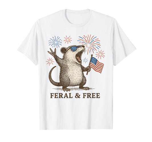 Feral and Free Possum 4th of July Funny American Flag Womens T-Shirt