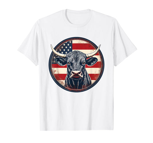 Bull American Flag Rodeo Distressed Cowboy Red Western T-Shirt