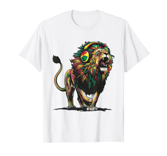 Reggae Lion Jamaican Pride With Rasta & Headphones T-Shirt