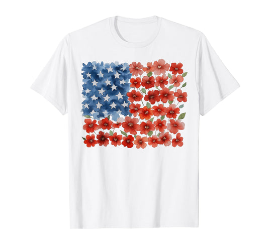 Retro Flower American Flag USA Patriotic 4th of July Women T-Shirt