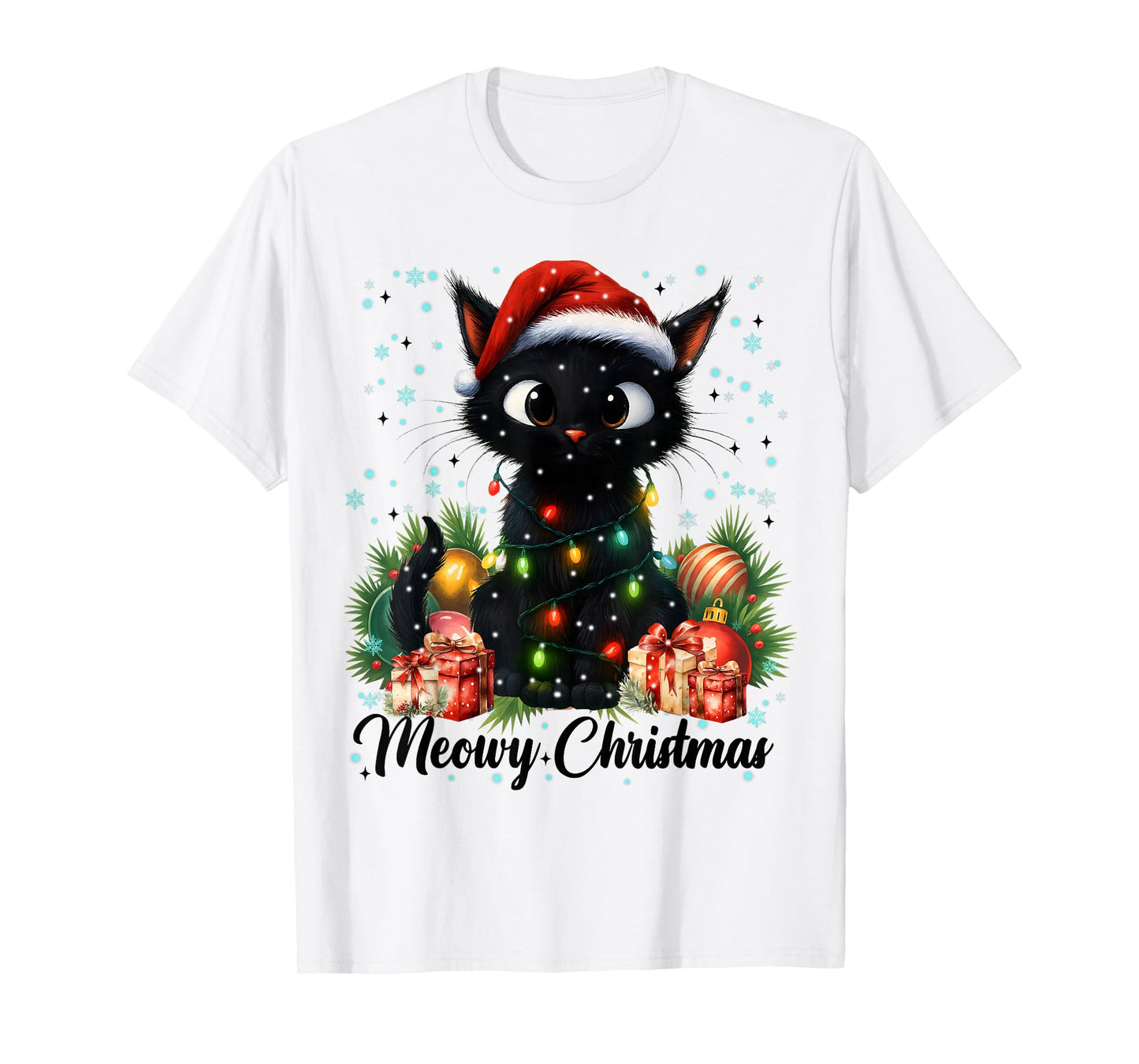Moewy Christmas Black Cute Cat Santa Hat Xmas Women Girl T-Shirt