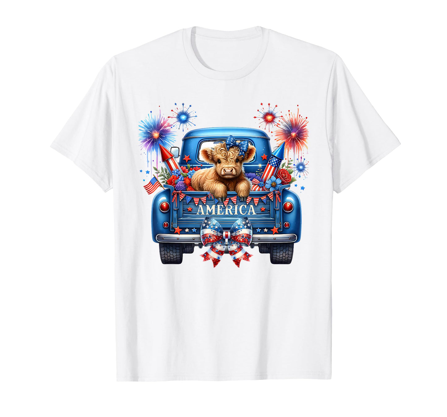 Cute Highland Cow 4th of July USA Flag Patriotic Cow Farmer T-Shirt