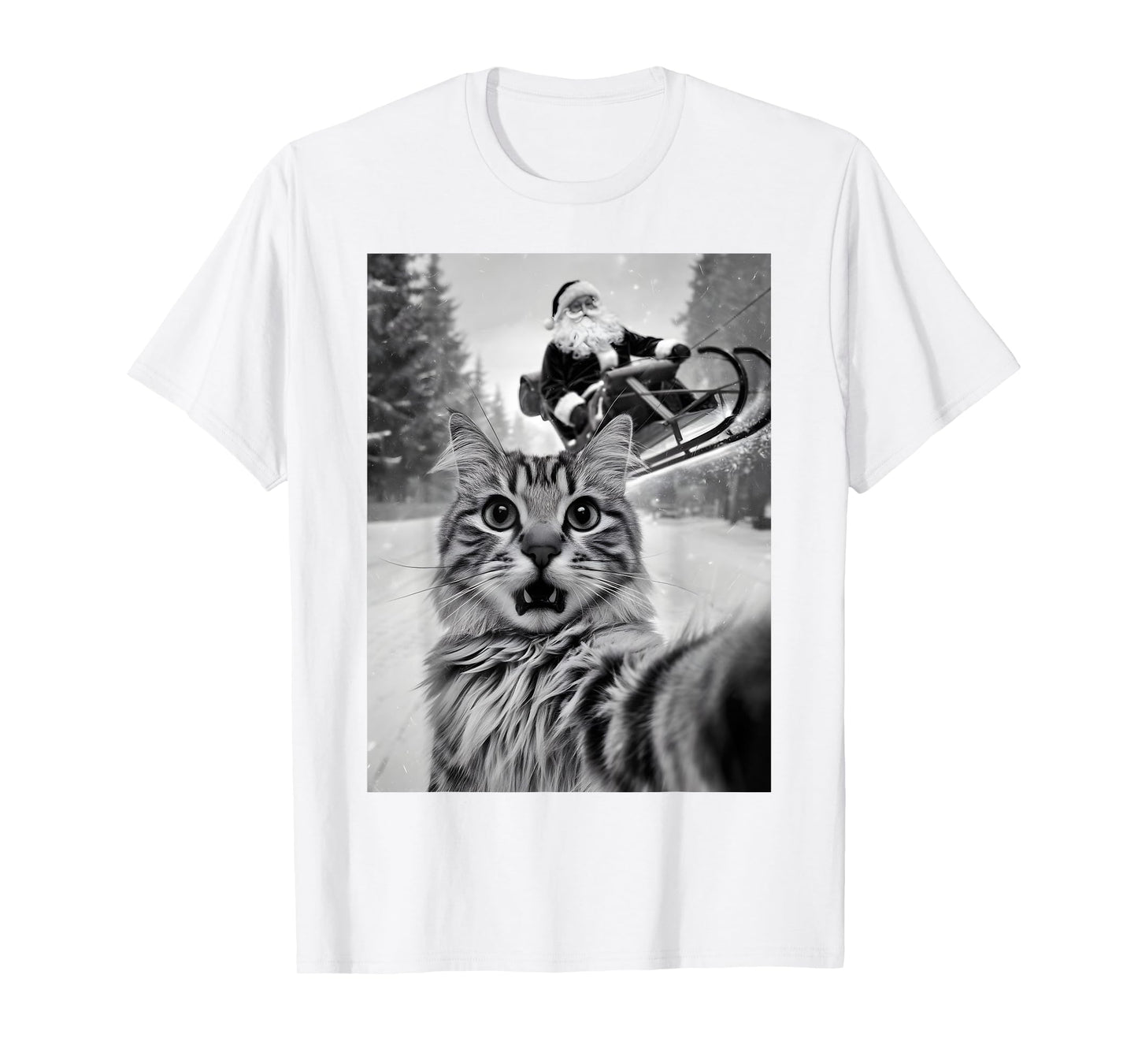 Christmas Cat Selfie With Santa Claus Sleigh Merry X-Mas Men Women Kids T-Shirt