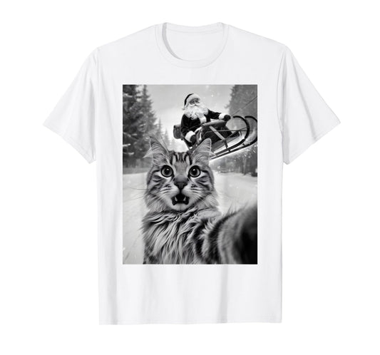 Christmas Cat Selfie With Santa Claus Sleigh Merry X-Mas Men Women Kids T-Shirt